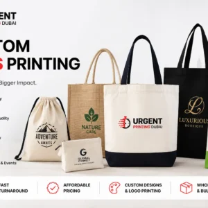Custom bags printing category banner showing canvas tote bags, drawstring bags, eco-friendly shopping bags, and promotional bags with logo printing in Dubai.