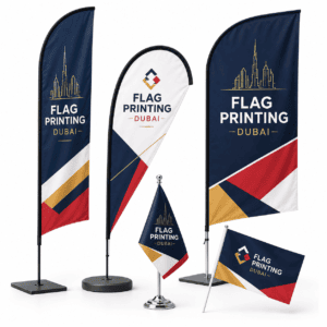 Custom flag printing in Dubai with feather, teardrop, table and hand flags