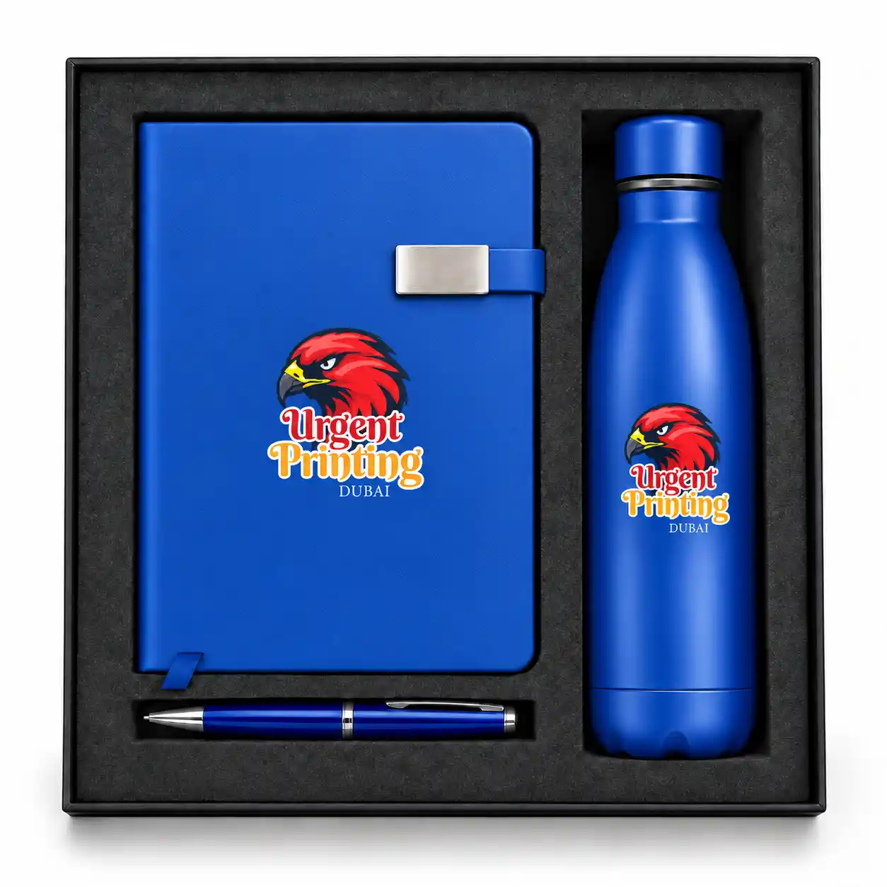 Blue corporate gift set with branded notebook, pen and bottle
