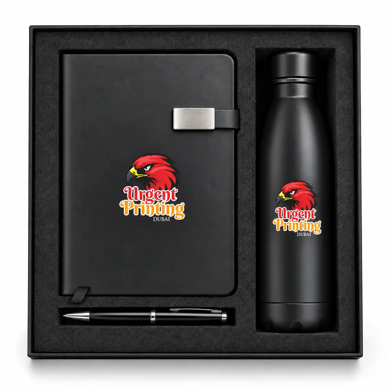 Black corporate gift set with branded notebook, pen and bottle