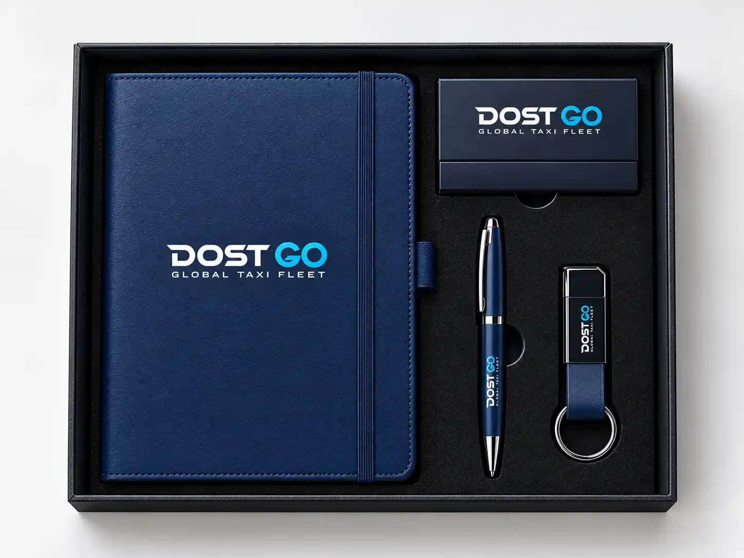 Blue corporate gift set with branded notebook, pen and bottle