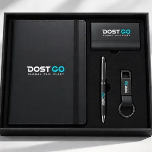 Black corporate gift set with branded notebook, pen and bottle
