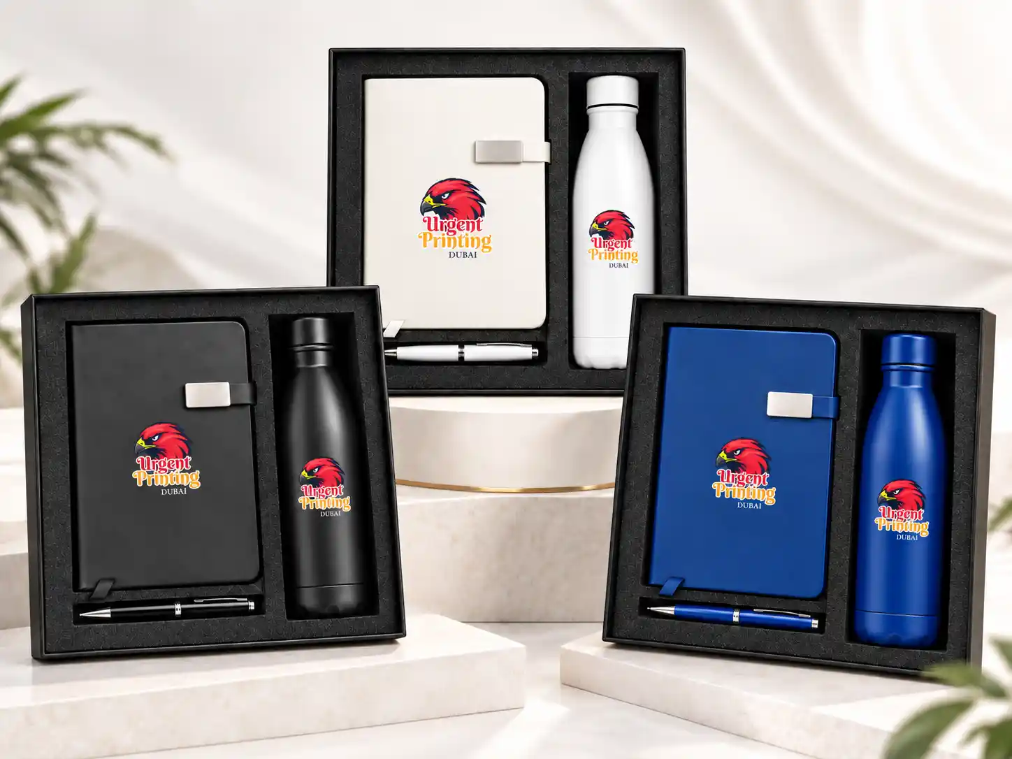 Corporate gift sets with branded notebook, pen and bottle