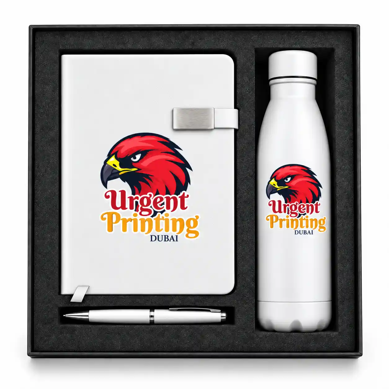 White corporate gift set with branded notebook, pen and bottle
